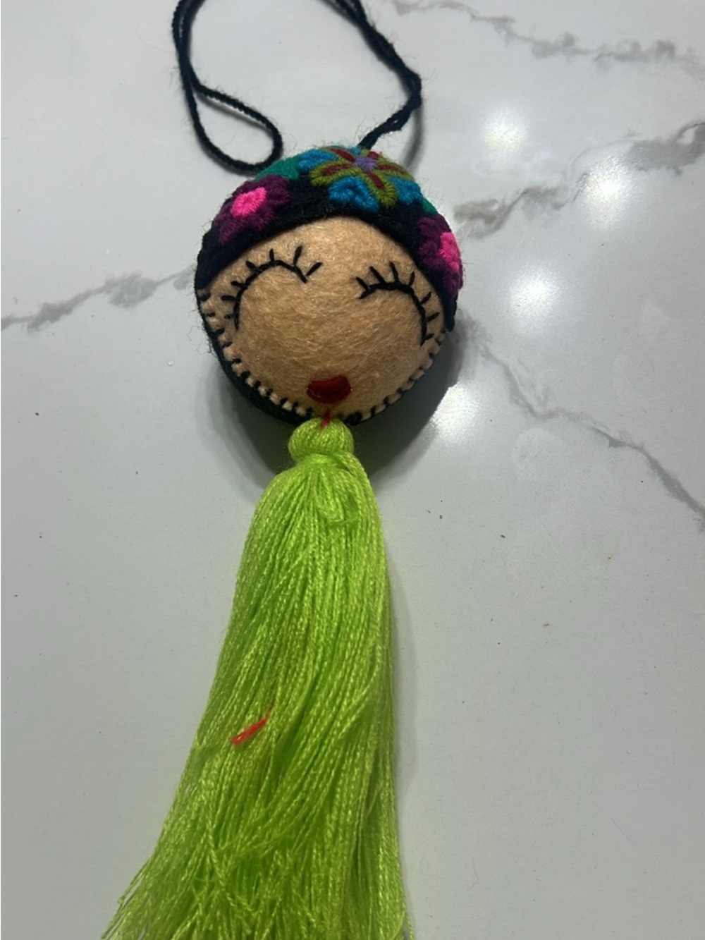 Felt Doll Tassel Necklace with Neon Green Fringe